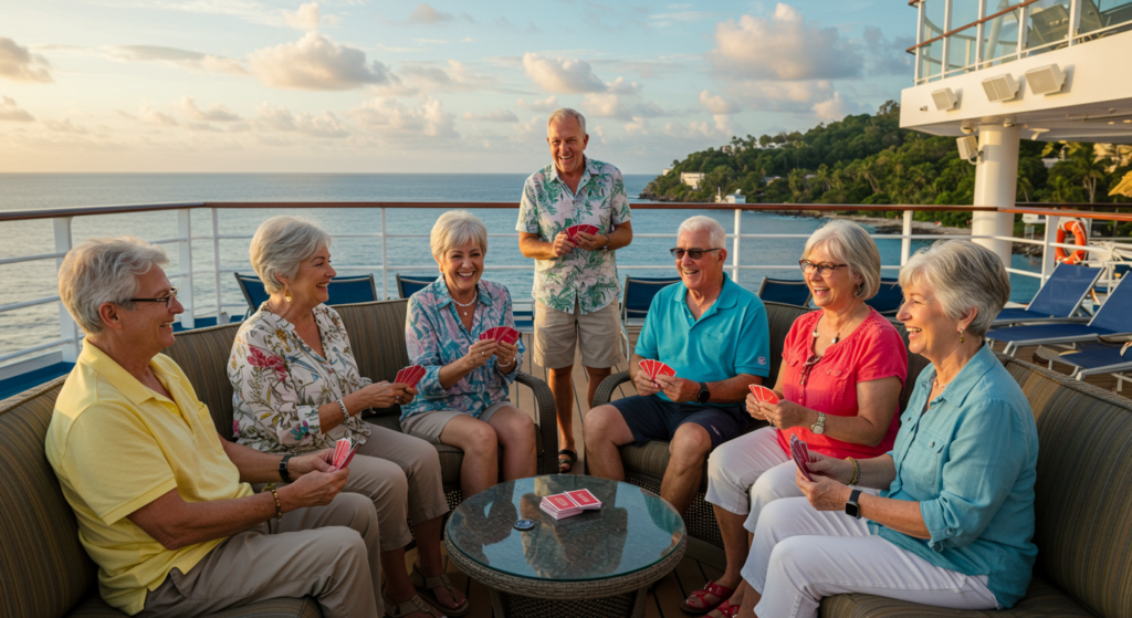 Groupe de touristes seniors en train de jouer aux cartes sur un bateau de croisière