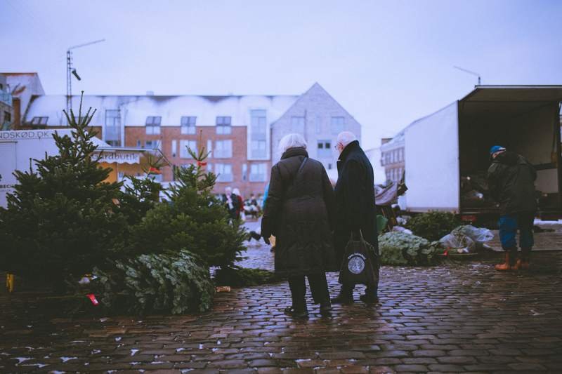 Un couple âgé, vu de dos, flâne dans un marché d'hiver décoré de sapins, devant des maisons à pignons.