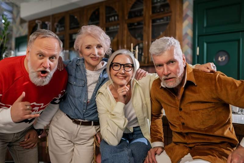 Un groupe d'amis seniors d'origines diverses rit et discute autour d'une table dans un café chaleureux
