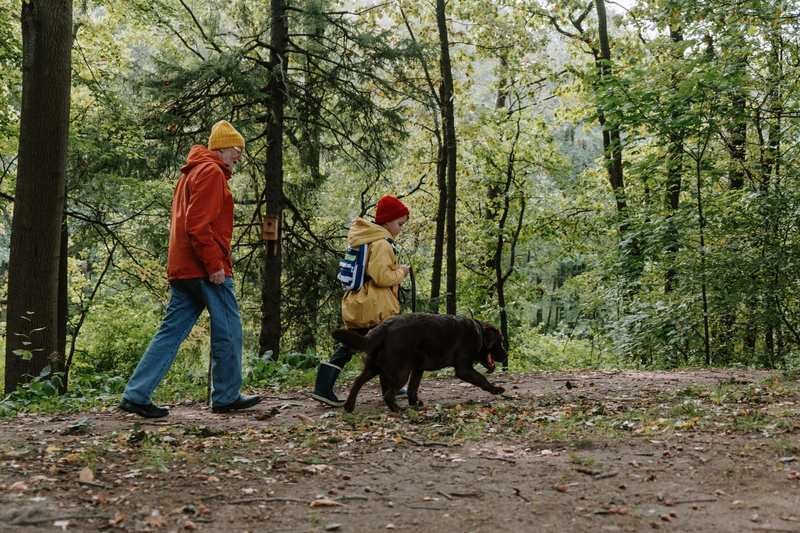 Un grand-parent en veste rouge marche en forêt avec un enfant au bonnet rouge et un chien noir, sur un sentier boisé.