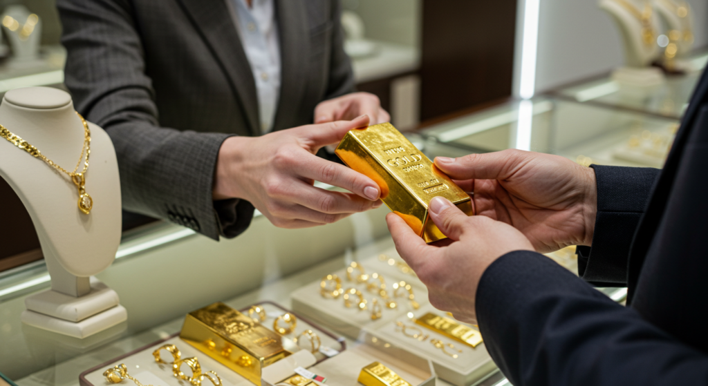 Une vendeuse donne un lingot d'or à un client