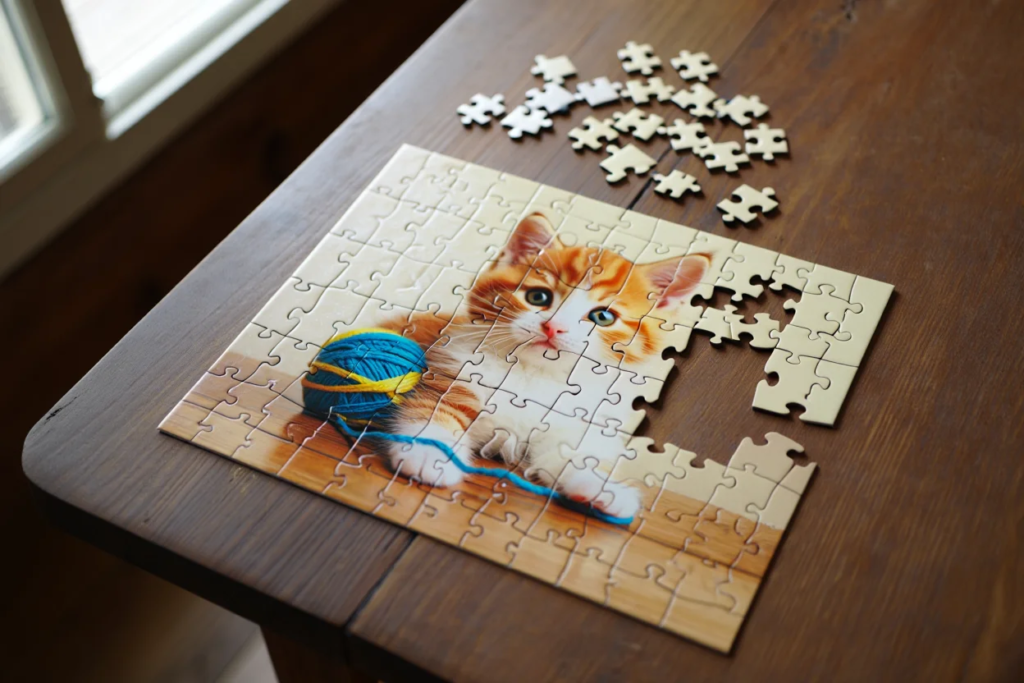 Puzzle chaton et pelote de laine sur une table en bois
