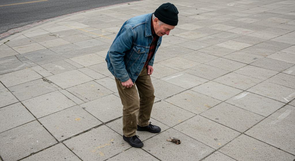 Een oudere man vindt een dode vogel op straat