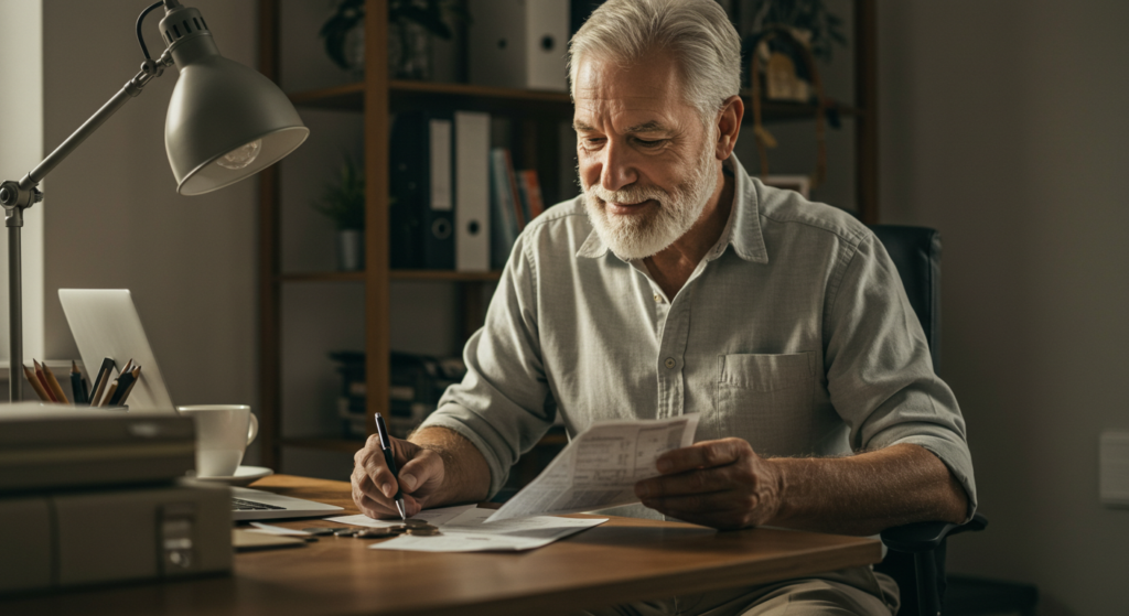Un senior assis à une table calcule sa retraite avec un stylo et une feuille
