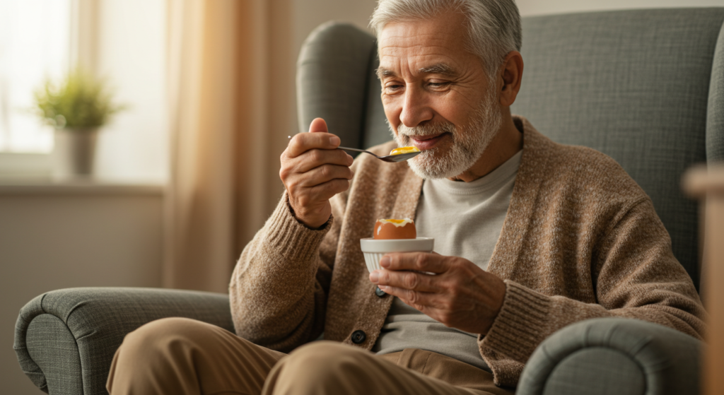 Un homme senior mange un jaune d'oeuf à la coque