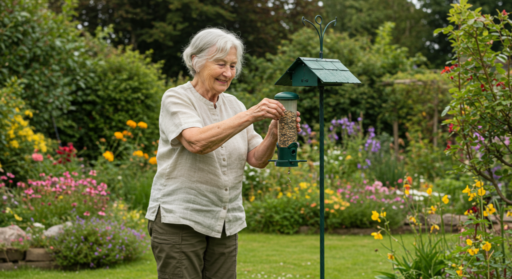 Een lachende oude dame vult het vogelvoerbakje om de vogels te voeren