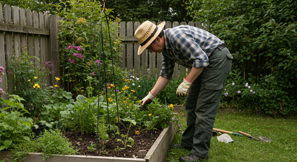 Un homme senior d'un ESAT fait du jardinage dans son carré potager