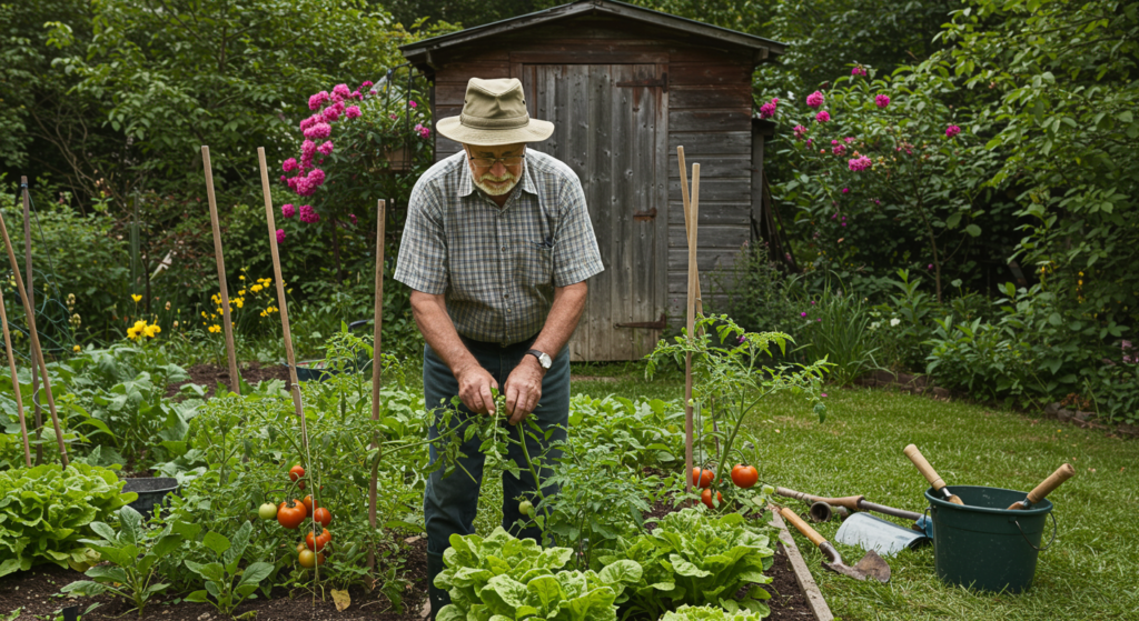 Une homme senior d'un ESAT fait du jardinage dans son potager