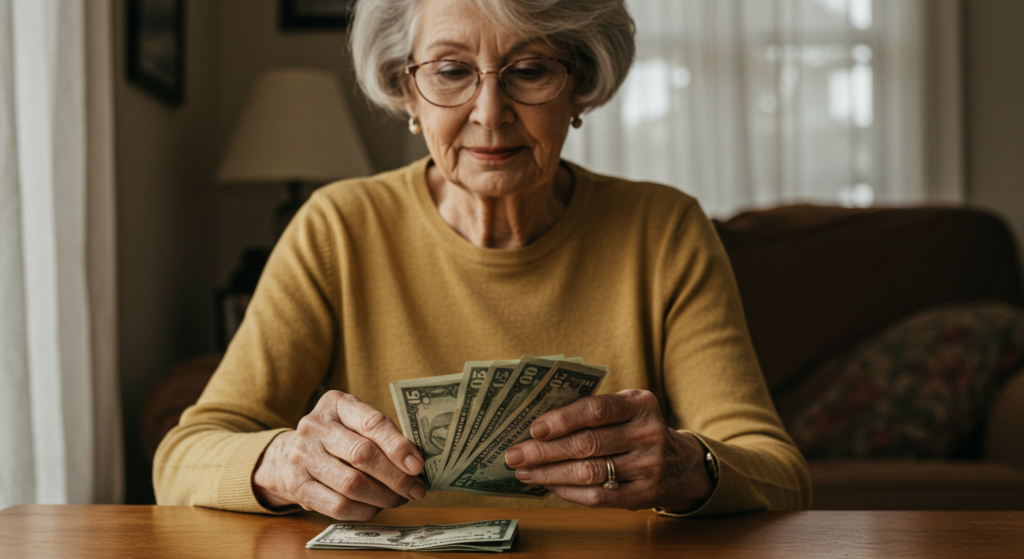 Une senior assis à une table compte ses billets pour sa retraite